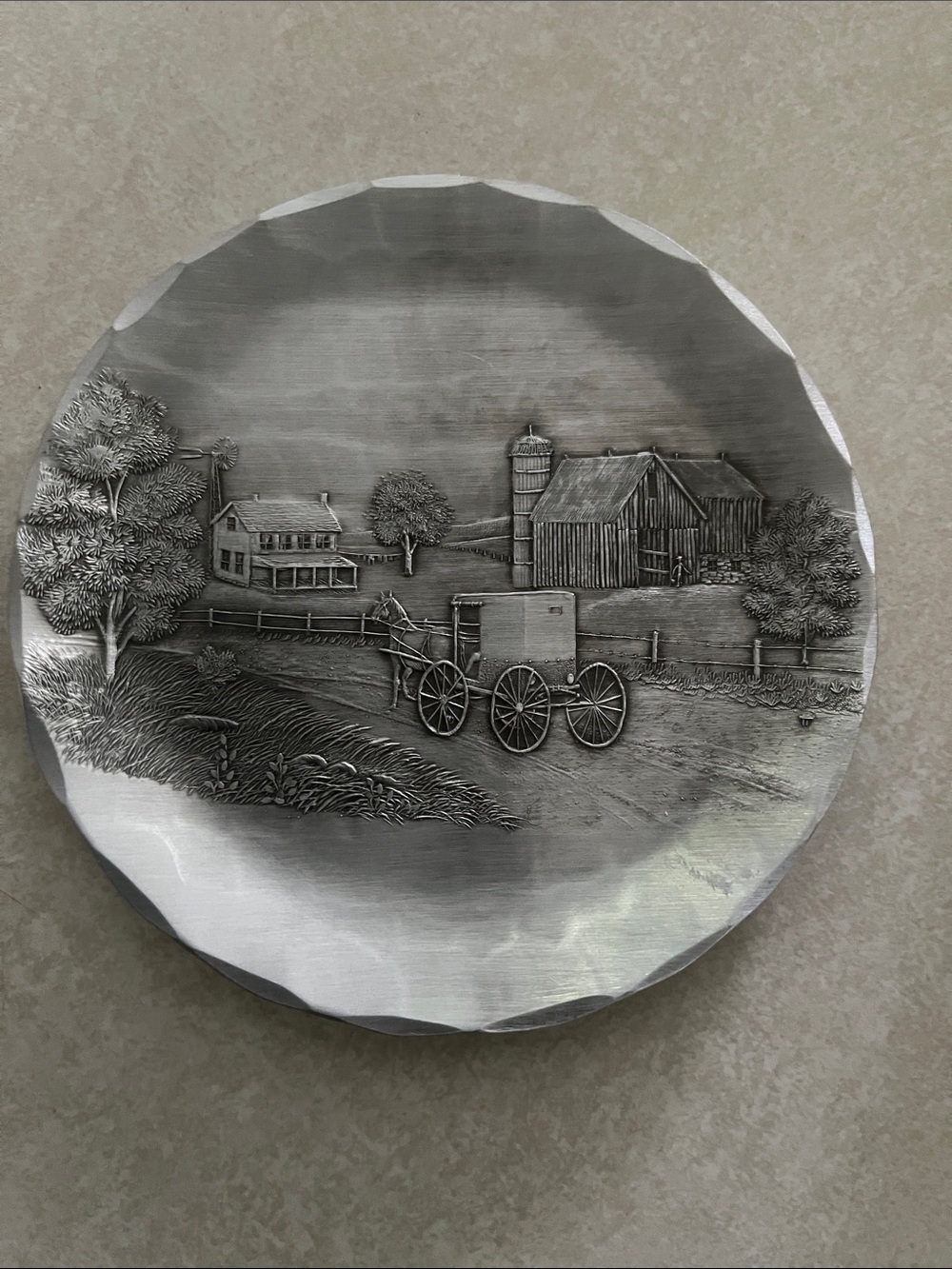 Wendell Gage Forge Silver Amish Farm/Buggy Scene Wall Plaque — Art